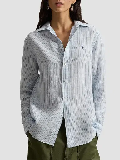 Polo Ralph Lauren Women's Striped Linen Sport Shirt - Light Blue White | Thumbnail 4