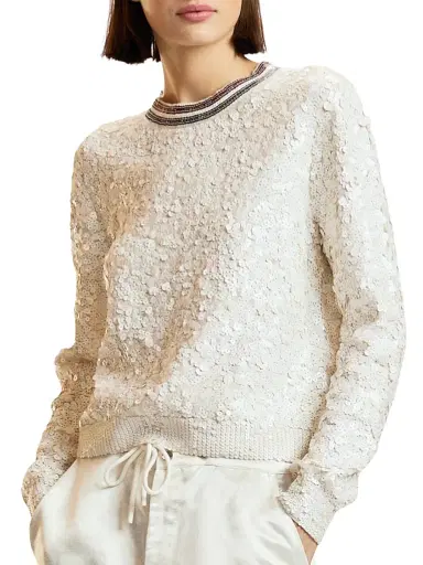 CYNTHIA ROWLEY Women's Match Point Sequined Wool-Cashmere Sweater - White - Size XS | Thumbnail 1