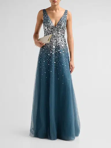 PAMELLA ROLAND Women's Embellished Tulle V-Neck Gown - Teal Multi - Size 8 | Thumbnail 2 PAMELLA ROLAND Women's Embellished Tulle V-Neck Gown - Teal Multi - Size 8 | Thumbnail 2