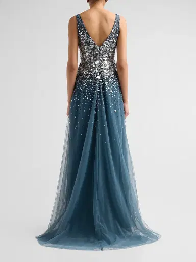 PAMELLA ROLAND Women's Embellished Tulle V-Neck Gown - Teal Multi - Size 8 | Thumbnail 3 PAMELLA ROLAND Women's Embellished Tulle V-Neck Gown - Teal Multi - Size 8 | Thumbnail 3