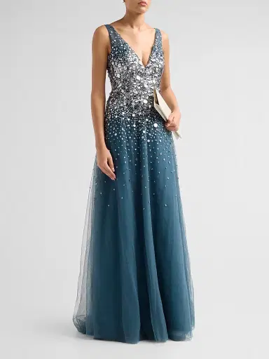 PAMELLA ROLAND Women's Embellished Tulle V-Neck Gown - Teal Multi - Size 8 | Thumbnail 4 PAMELLA ROLAND Women's Embellished Tulle V-Neck Gown - Teal Multi - Size 8 | Thumbnail 4