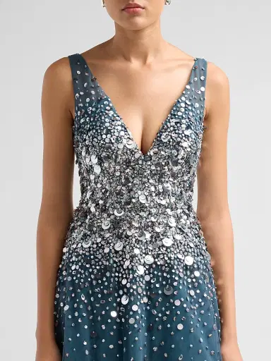 PAMELLA ROLAND Women's Embellished Tulle V-Neck Gown - Teal Multi - Size 8 | Thumbnail 5 PAMELLA ROLAND Women's Embellished Tulle V-Neck Gown - Teal Multi - Size 8 | Thumbnail 5