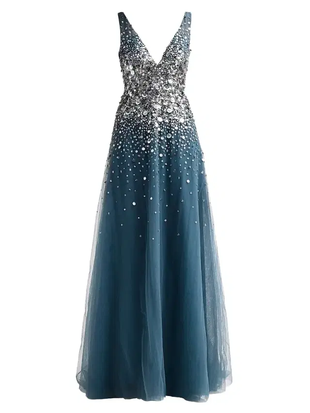 Pamella Roland Women's Embellished Tulle V-Neck Gown - Teal Multi