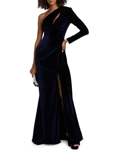 PAMELLA ROLAND Women's Velvet One-Shoulder Cut-Out Gown - Navy - Size 10 | Thumbnail 2