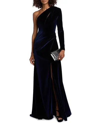 PAMELLA ROLAND Women's Velvet One-Shoulder Cut-Out Gown - Navy - Size 10 | Thumbnail 3