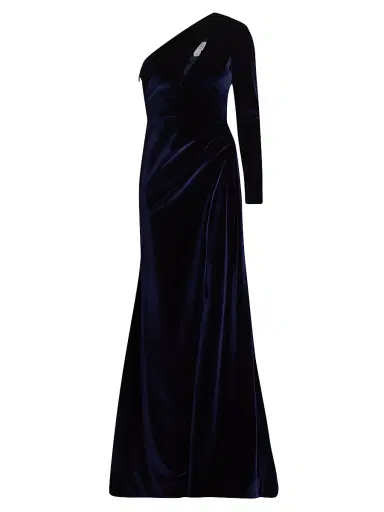 PAMELLA ROLAND Women's Velvet One-Shoulder Cut-Out Gown - Navy - Size 10 | Thumbnail 1