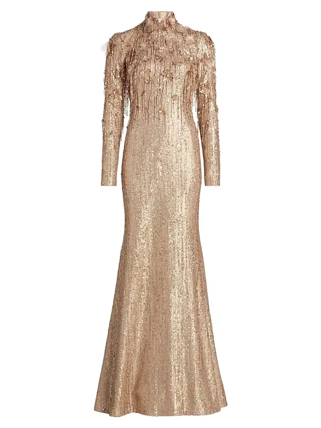 Pamella Roland Women's Beaded Sequin Long-Sleeve Trumpet Gown - Gold