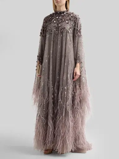 PAMELLA ROLAND Women's Embroidered Feathered Tulle Caftan Gown - Silver - Size 8 | Thumbnail 2