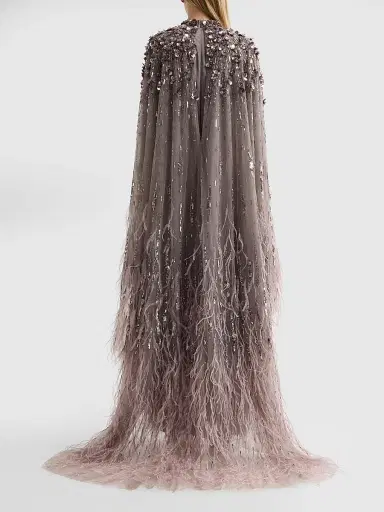 PAMELLA ROLAND Women's Embroidered Feathered Tulle Caftan Gown - Silver - Size 8 | Thumbnail 3