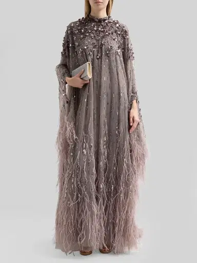 PAMELLA ROLAND Women's Embroidered Feathered Tulle Caftan Gown - Silver - Size 8 | Thumbnail 4