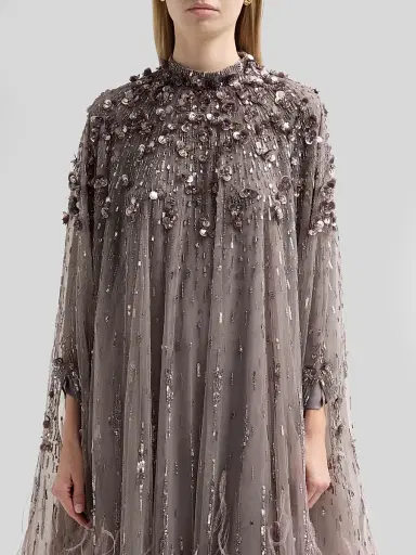 PAMELLA ROLAND Women's Embroidered Feathered Tulle Caftan Gown - Silver - Size 8 | Thumbnail 5