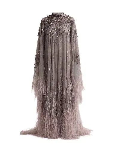 PAMELLA ROLAND Women's Embroidered Feathered Tulle Caftan Gown - Silver - Size 8 | Thumbnail 1