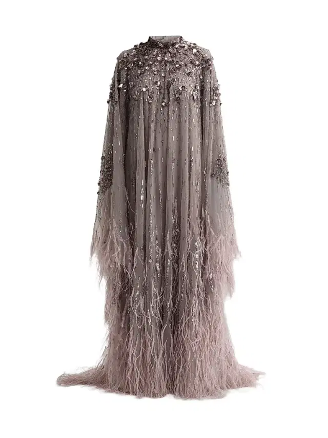 Pamella Roland Women's Embroidered Feathered Tulle Caftan Gown - Silver