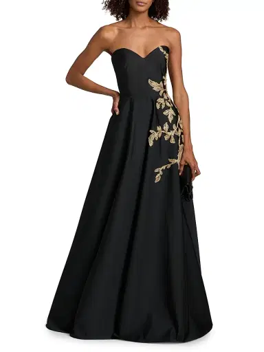 PAMELLA ROLAND Women's Raffia Floral-Embroidered Faille Strapless Gown | Thumbnail 2 PAMELLA ROLAND Women's Raffia Floral-Embroidered Faille Strapless Gown | Thumbnail 2