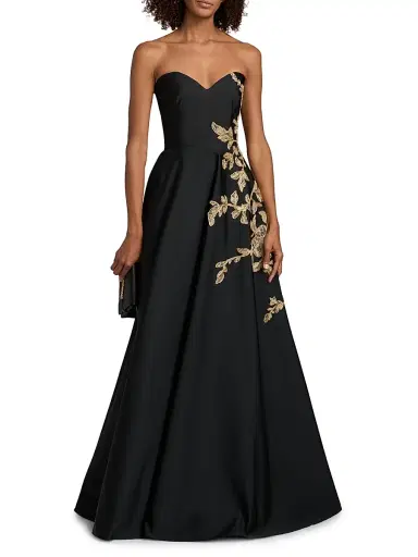 PAMELLA ROLAND Women's Raffia Floral-Embroidered Faille Strapless Gown | Thumbnail 3 PAMELLA ROLAND Women's Raffia Floral-Embroidered Faille Strapless Gown | Thumbnail 3