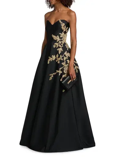 PAMELLA ROLAND Women's Raffia Floral-Embroidered Faille Strapless Gown | Thumbnail 4 PAMELLA ROLAND Women's Raffia Floral-Embroidered Faille Strapless Gown | Thumbnail 4
