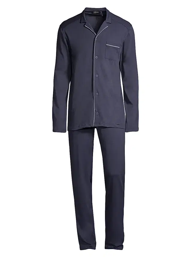 Hanro Men's Basic Piped 2-Piece Long Pajama Set - Black Iris
