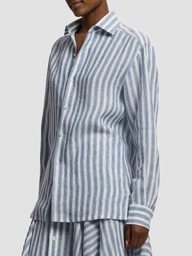 Ralph Lauren Collection Women's Capri Relaxed-Fit Striped Linen Shirt - Chambray Blue Cream - Size 8 | Thumbnail 3