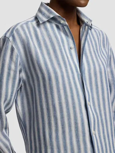 Ralph Lauren Collection Women's Capri Relaxed-Fit Striped Linen Shirt - Chambray Blue Cream - Size 8 | Thumbnail 5