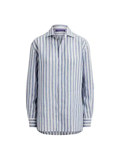 Ralph Lauren Collection Women's Capri Relaxed-Fit Striped Linen Shirt - Chambray Blue Cream - Size 8 | Thumbnail 1