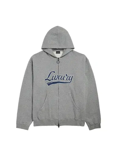 Balenciaga Men's Luxury Script Oversized Zip-Up Hoodie - Dark Heather Grey Blue | Thumbnail 1 Balenciaga Men's Luxury Script Oversized Zip-Up Hoodie - Dark Heather Grey Blue | Thumbnail 1