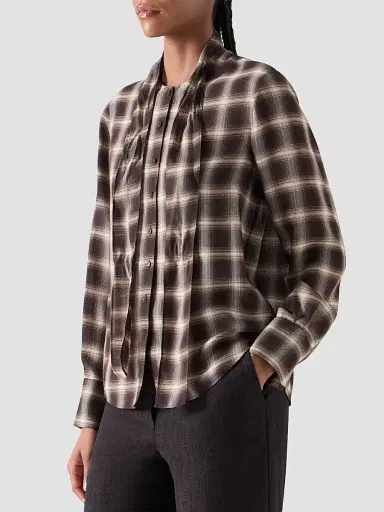 Akris punto Women's Plaid Bow Collar Blouse - Espresso Cashew - Size 16 | Thumbnail 6 Akris punto Women's Plaid Bow Collar Blouse - Espresso Cashew - Size 16 | Thumbnail 6