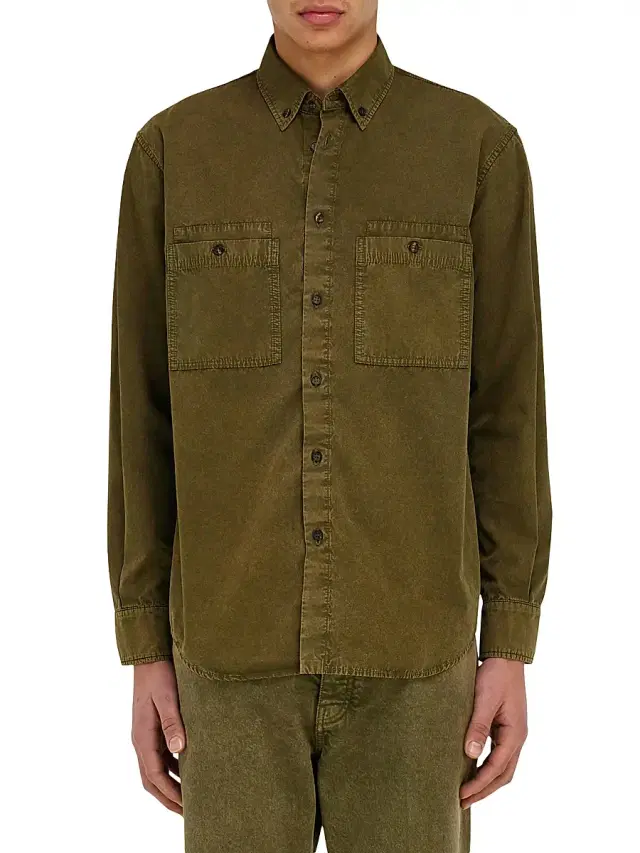 FERRAGAMO Men's Cotton-Silk Work Shirt - Olive