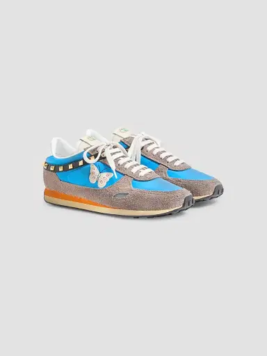 Valentino Garavani Men's Stud Up Sneaker in Split Leather and Nylon with Butterfly Embroidery - Azure Multicolor | Thumbnail 2