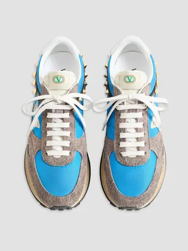 Valentino Garavani Men's Stud Up Sneaker in Split Leather and Nylon with Butterfly Embroidery - Azure Multicolor | Thumbnail 3