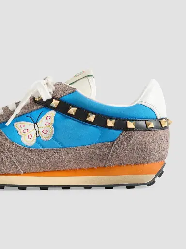 Valentino Garavani Men's Stud Up Sneaker in Split Leather and Nylon with Butterfly Embroidery - Azure Multicolor | Thumbnail 5