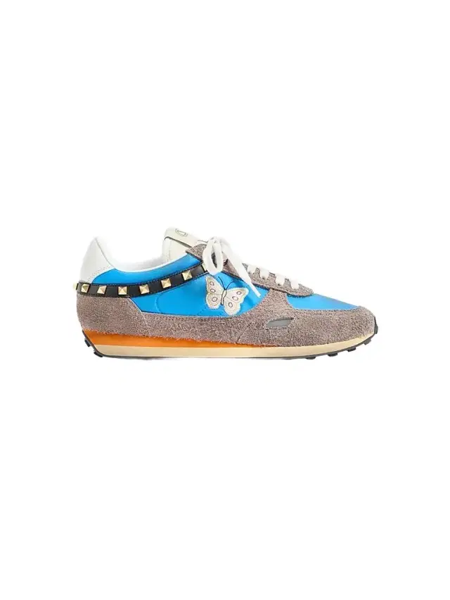 Valentino Garavani Men's Stud Up Sneaker in Split Leather and Nylon with Butterfly Embroidery - Azure Multicolor