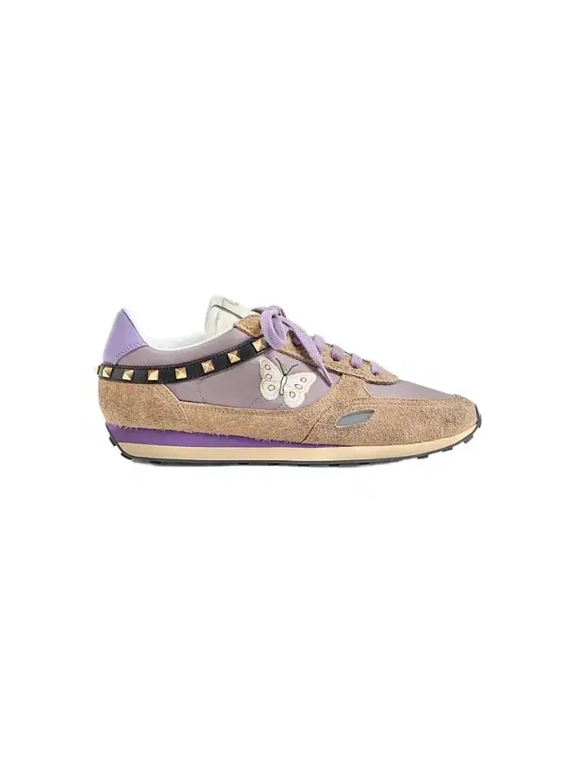 Valentino Garavani Men's Stud Up Sneaker in Split Leather and Nylon with Butterfly Embroidery - Lilac Multicolor