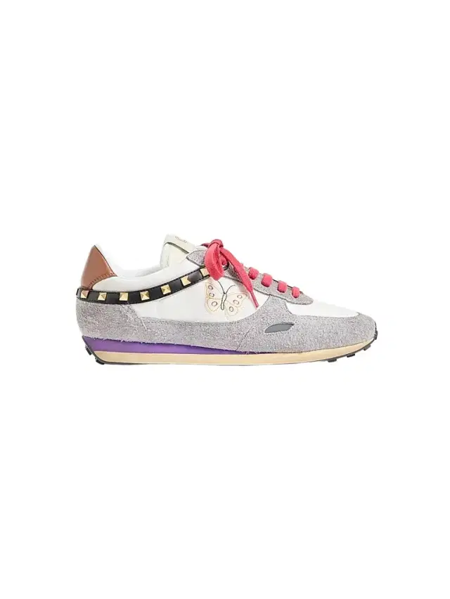 Valentino Garavani Men's Stud Up Sneaker in Split Leather and Nylon with Butterfly Embroidery - White Multicolor