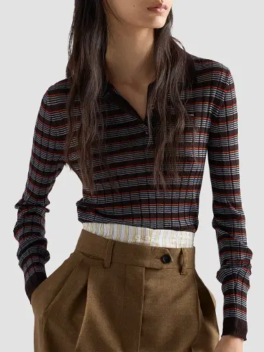 Prada Women's Striped Cashmere and Silk Polo Shirt - Brown - Size 10 | Thumbnail 3 Prada Women's Striped Cashmere and Silk Polo Shirt - Brown - Size 10 | Thumbnail 3