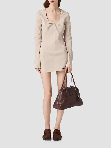 Miu Miu Women's Stretch Poplin Mini Dress - Beige Khaki | Thumbnail 2 Miu Miu Women's Stretch Poplin Mini Dress - Beige Khaki | Thumbnail 2