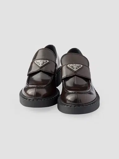 Prada Women's Chocolate Brushed Leather Loafers | Thumbnail 4 Prada Women's Chocolate Brushed Leather Loafers | Thumbnail 4