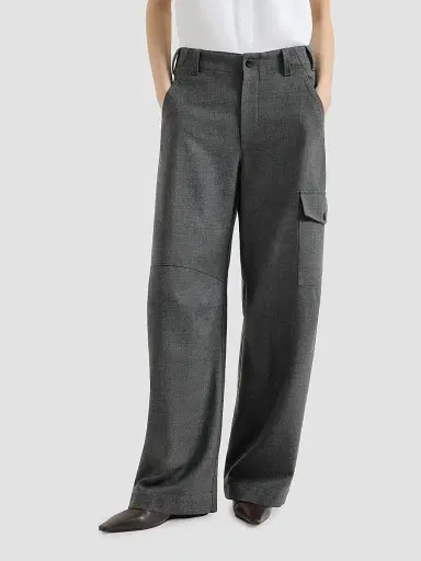 Brunello Cucinelli Women's Virgin Wool Twill Cargo Barrel Trousers with Monili - Dark Grey | Thumbnail 2