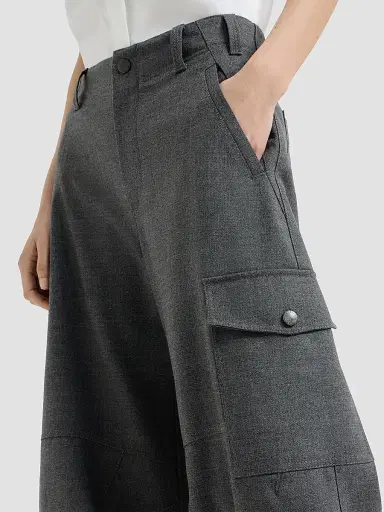 Brunello Cucinelli Women's Virgin Wool Twill Cargo Barrel Trousers with Monili - Dark Grey | Thumbnail 4
