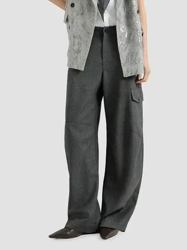 Brunello Cucinelli Women's Virgin Wool Twill Cargo Barrel Trousers with Monili - Dark Grey | Thumbnail 5