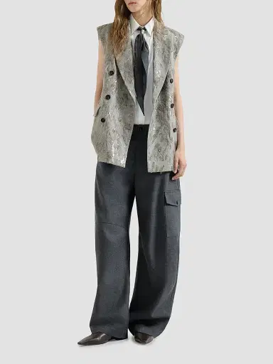 Brunello Cucinelli Women's Virgin Wool Twill Cargo Barrel Trousers with Monili - Dark Grey | Thumbnail 6