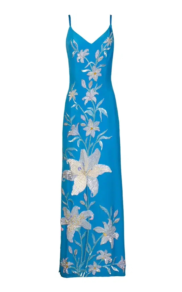 La Fuori Aqua Lily Garden Emb Embroidered Silk Dress