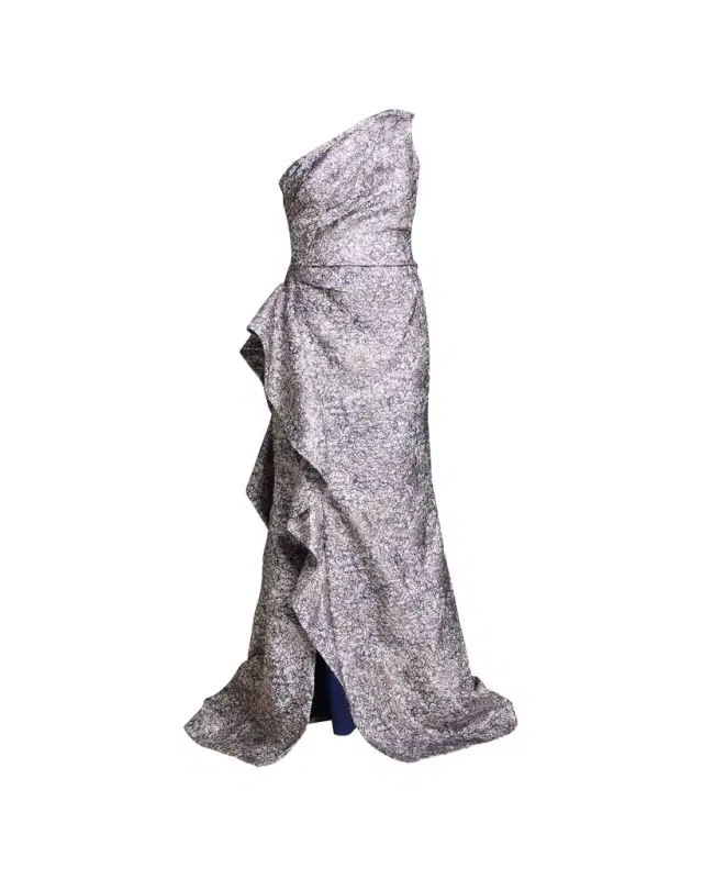 Rickie Freeman for Teri Jon One-Shoulder Jacquard Side-Ruffle Gown