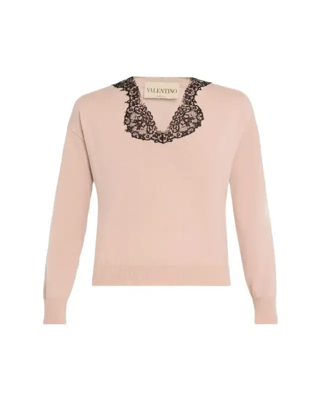 Lace-Trim V-Neck Cashmere Sweater