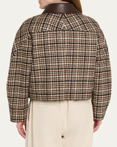 Brunello Cucinelli Leather-Collar Check Boxy Car Coat | Thumbnail 3 Brunello Cucinelli Leather-Collar Check Boxy Car Coat | Thumbnail 3