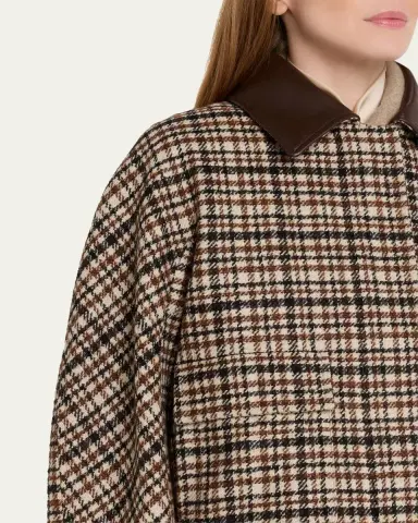 Brunello Cucinelli Leather-Collar Check Boxy Car Coat | Thumbnail 5 Brunello Cucinelli Leather-Collar Check Boxy Car Coat | Thumbnail 5