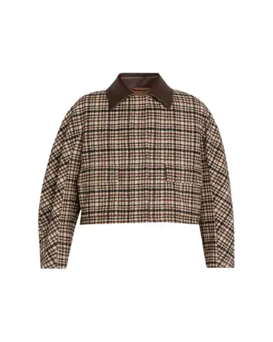 Brunello Cucinelli Leather-Collar Check Boxy Car Coat | Thumbnail 1 Brunello Cucinelli Leather-Collar Check Boxy Car Coat | Thumbnail 1