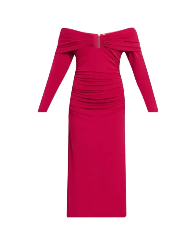 Carolina Herrera Off-The-Shoulder Long-Sleeve Ruched Jersey Midi Dress
