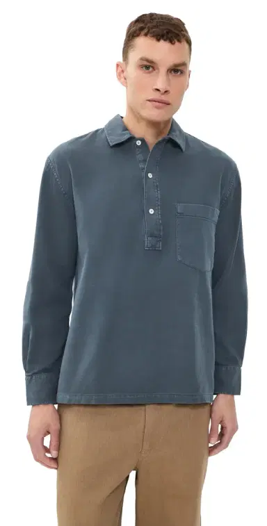 OFFICINE GÉNÉRALE Jordy Twill Polo Top Denim Blue | Thumbnail 1 OFFICINE GÉNÉRALE Jordy Twill Polo Top Denim Blue | Thumbnail 1