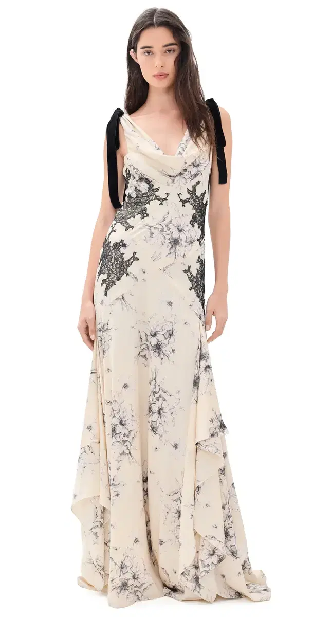 Cinq à Sept Hand Sketched Floral Antonella Gown Gardenia/Black