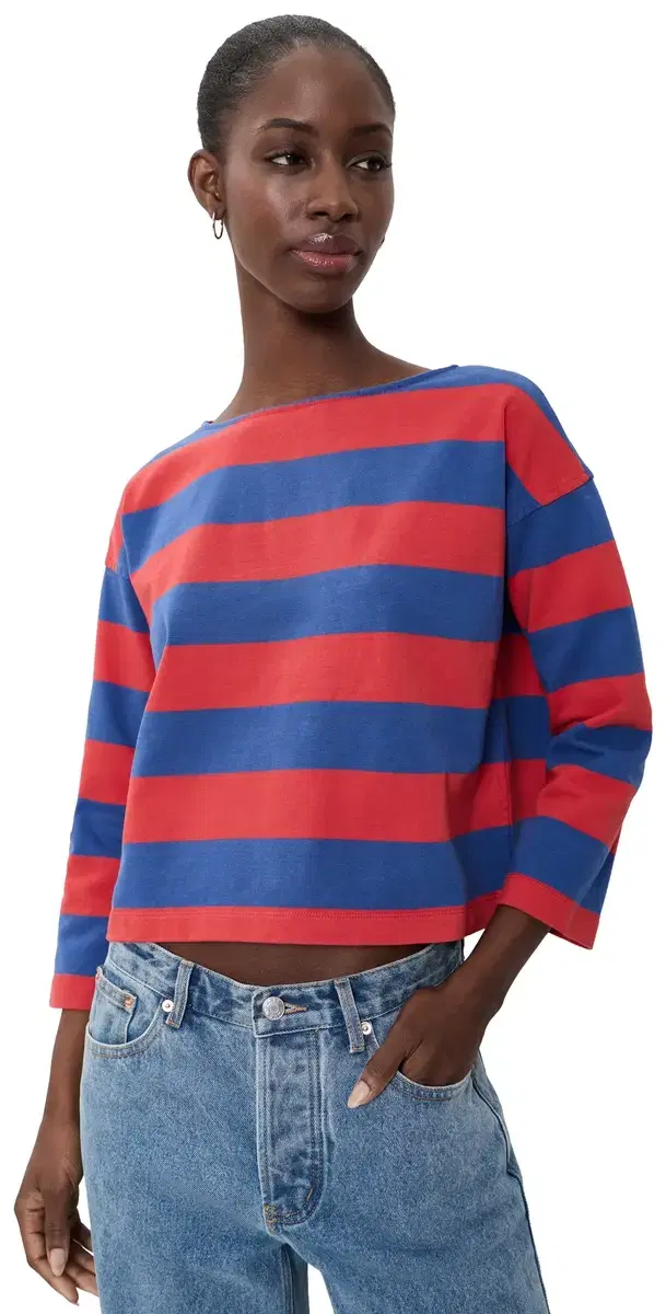 Madewell The Rugby Boatneck ong-Sleeve Tee In Club Cotton Pomegrante Seed And Waterfall